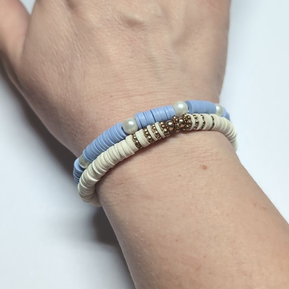 277 Set of 2 Gold Cream Pearl and Blue‎ Heishi Beaded Stretch Bracelets